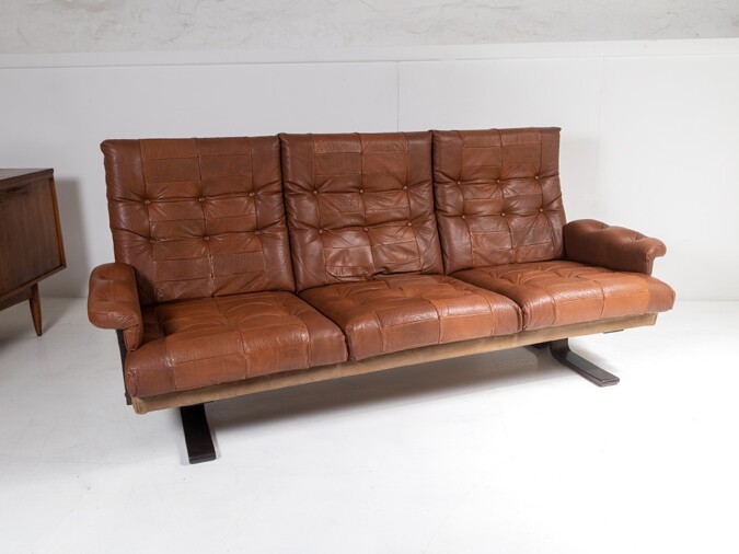 1970s Scandinavian Mid-Century Brown Patchwork Leather and Suede 3 Seater Sofa
