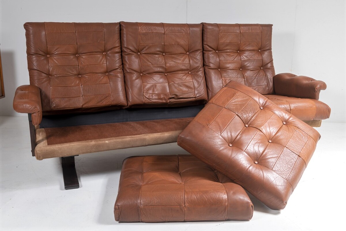 1970s Scandinavian Mid-Century Brown Patchwork Leather and Suede 3 Seater Sofa - Image 11