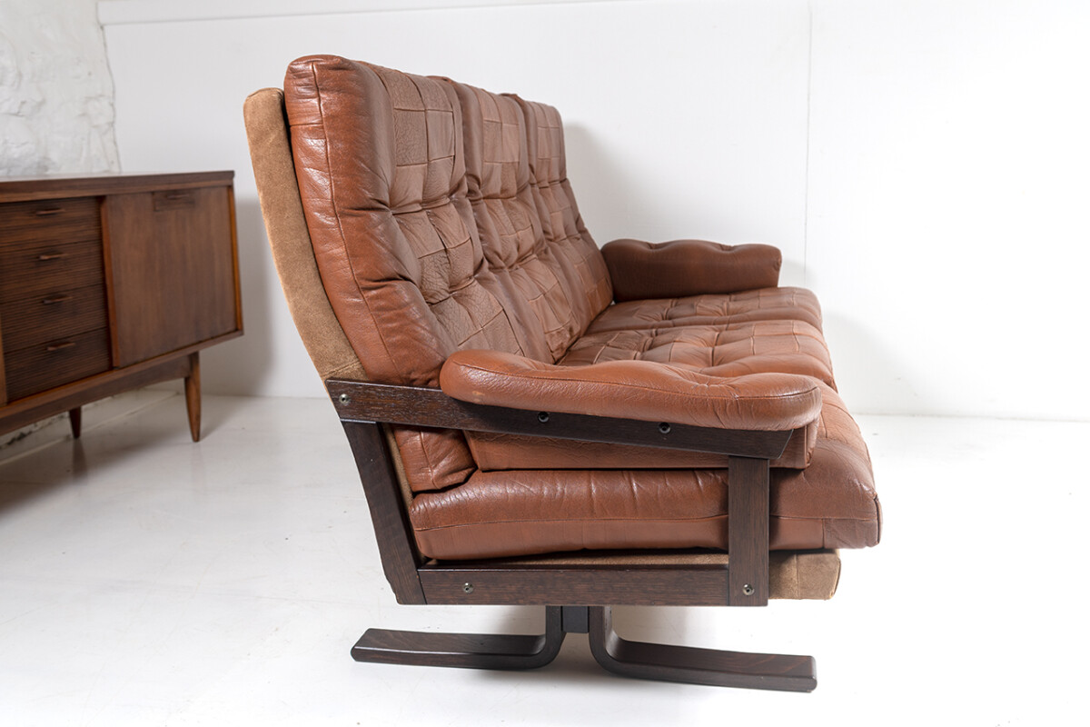 1970s Scandinavian Mid-Century Brown Patchwork Leather and Suede 3 Seater Sofa - Image 2