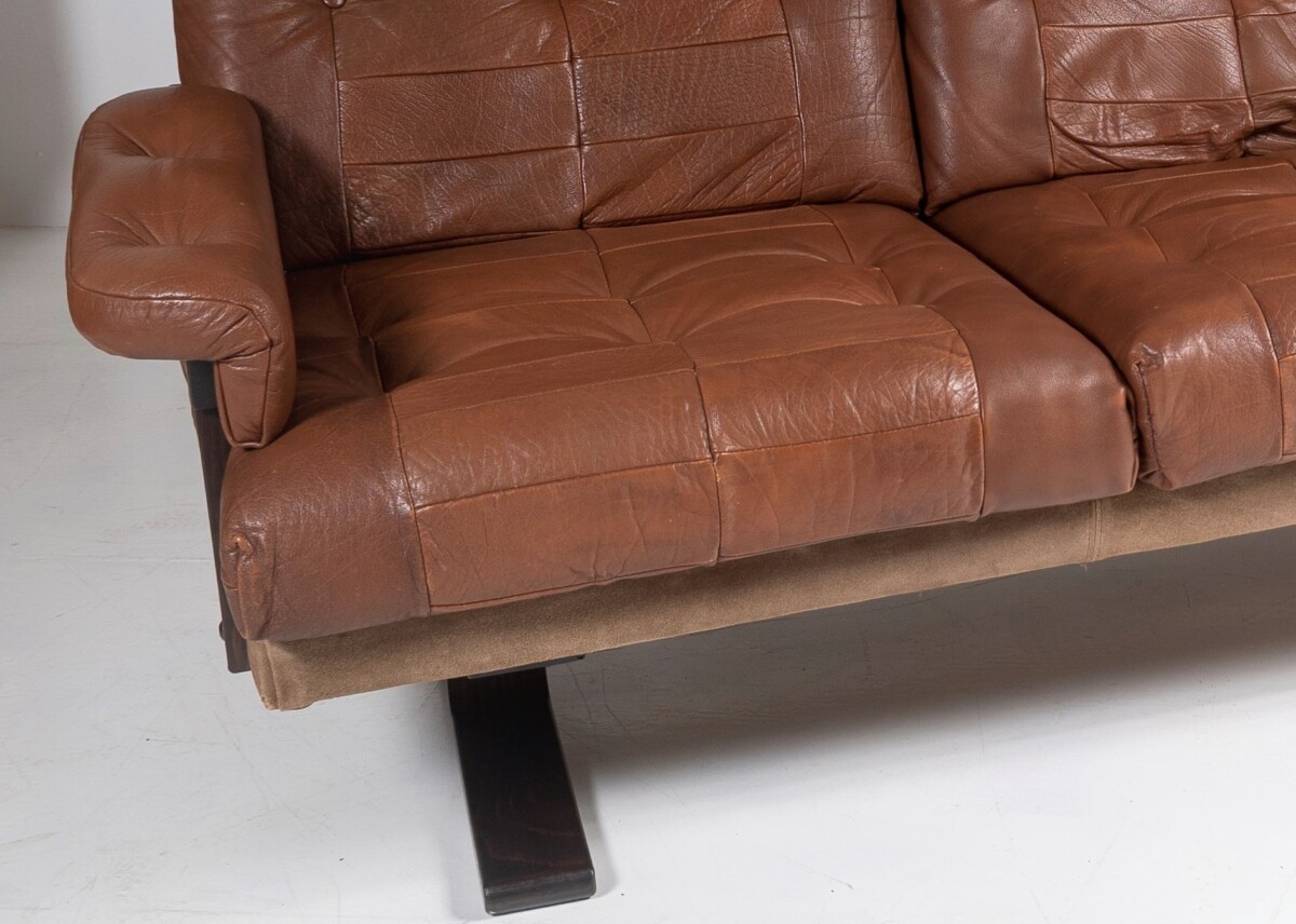 1970s Scandinavian Mid-Century Brown Patchwork Leather and Suede 3 Seater Sofa - Image 9