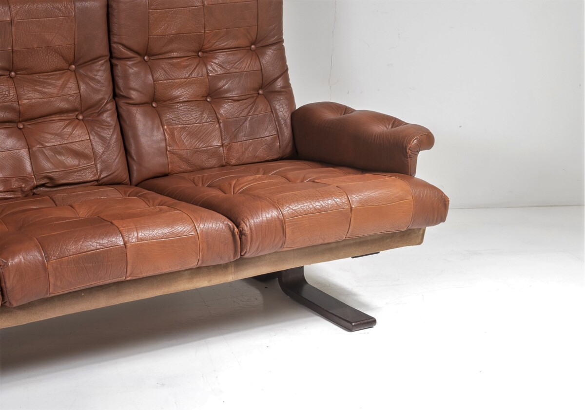 1970s Scandinavian Mid-Century Brown Patchwork Leather and Suede 3 Seater Sofa - Image 6