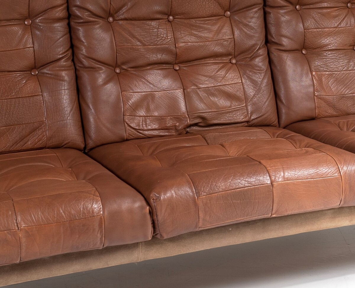 1970s Scandinavian Mid-Century Brown Patchwork Leather and Suede 3 Seater Sofa - Image 5