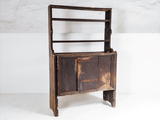 Primitive Rustic European Farmhouse Kitchen Dresser Unit with Storage Shelves and Slate Top