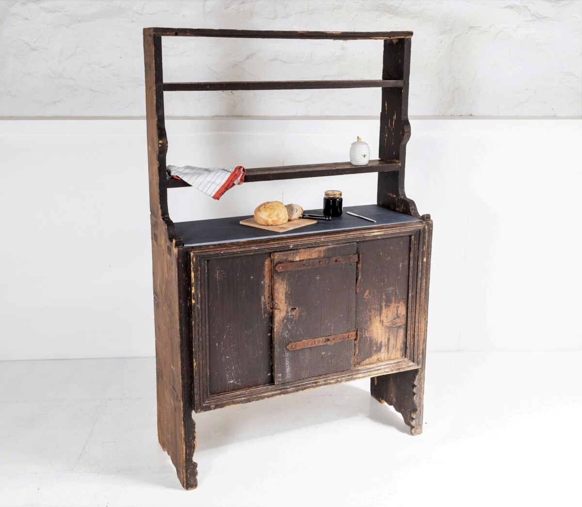 Primitive Rustic European Farmhouse Kitchen Dresser Unit with Storage Shelves and Slate Top - Image 11