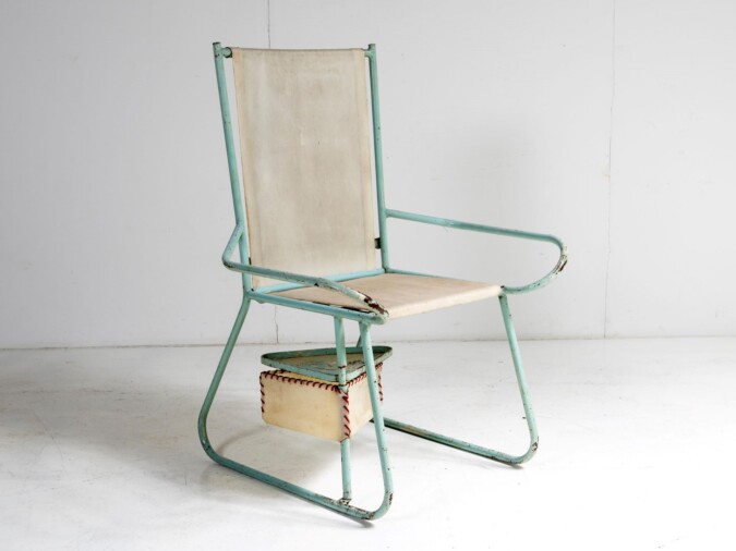 Unusual 1950s Swedish Metal Picnic Seat with Small Pull out Tray