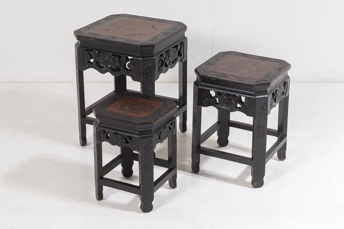 Decorative Ebonised Japanese Nest of Tables | Plant Stands - Set of 3