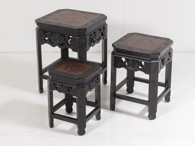 Decorative Ebonised Japanese Nest of Tables | Plant Stands - Set of 3
