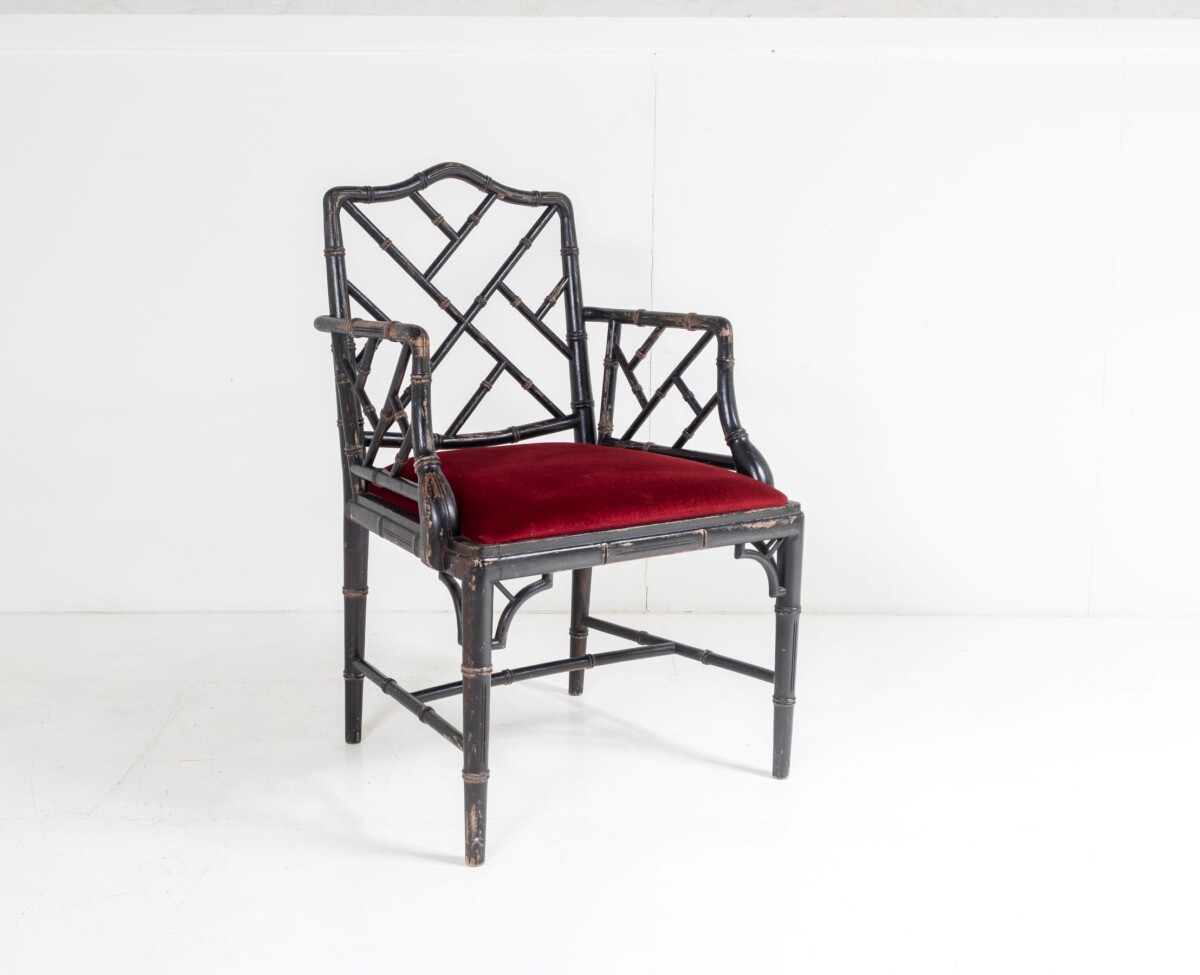 Ebonised Faux Bamboo Chinese Chippendale Style Chair with Red Velvet Seat