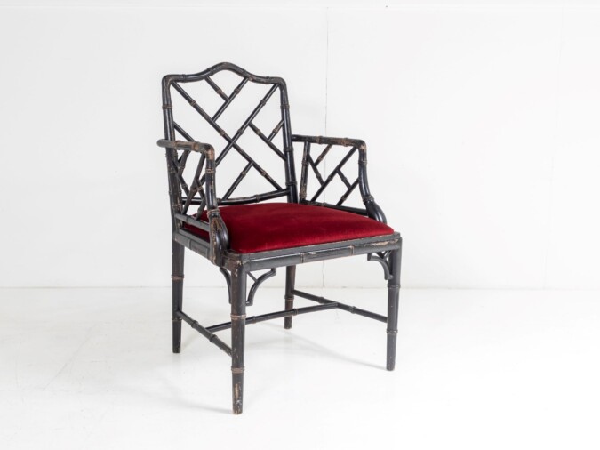 Ebonised Faux Bamboo Chinese Chippendale Style Chair with Red Velvet Seat