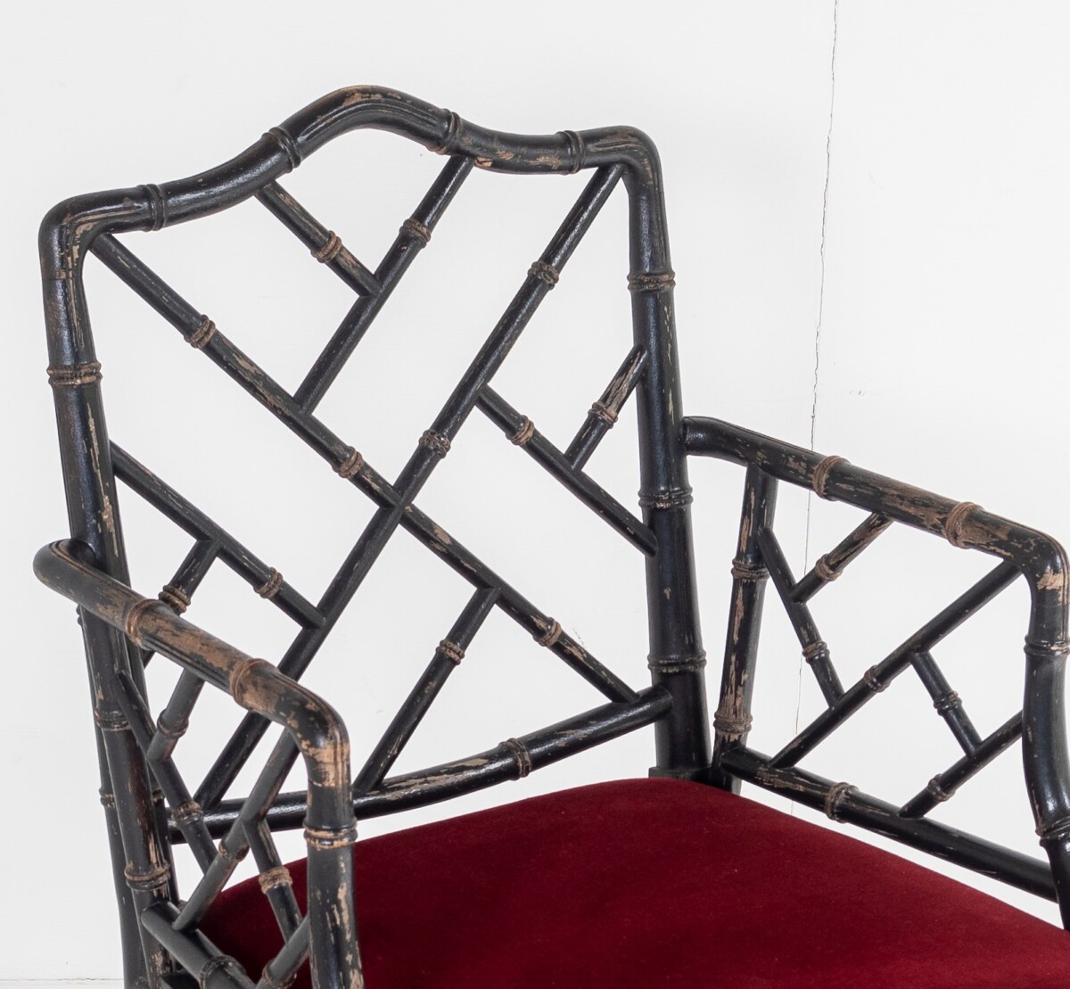Ebonised Faux Bamboo Chinese Chippendale Style Chair with Red Velvet Seat - Image 7