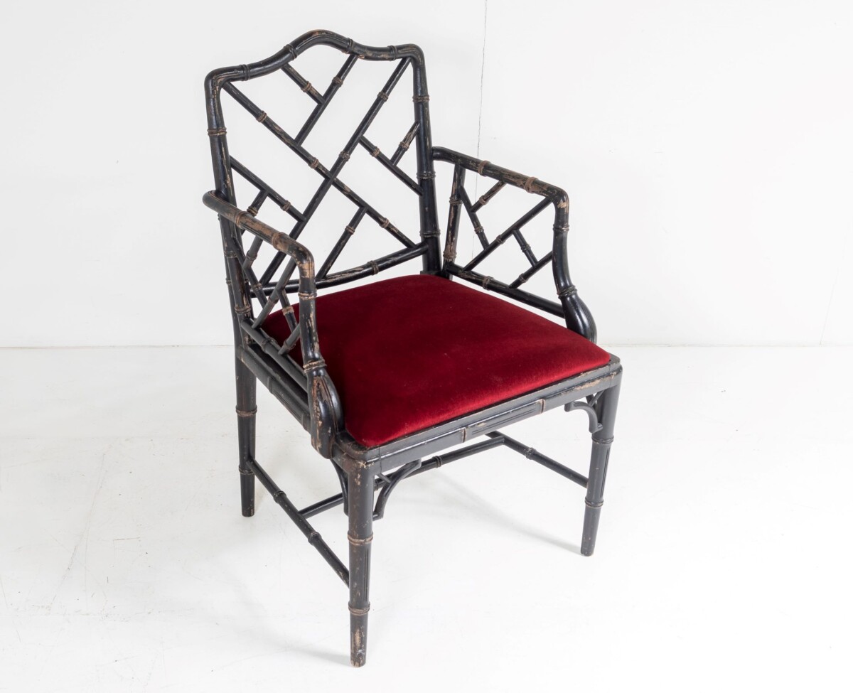 Ebonised Faux Bamboo Chinese Chippendale Style Chair with Red Velvet Seat - Image 3