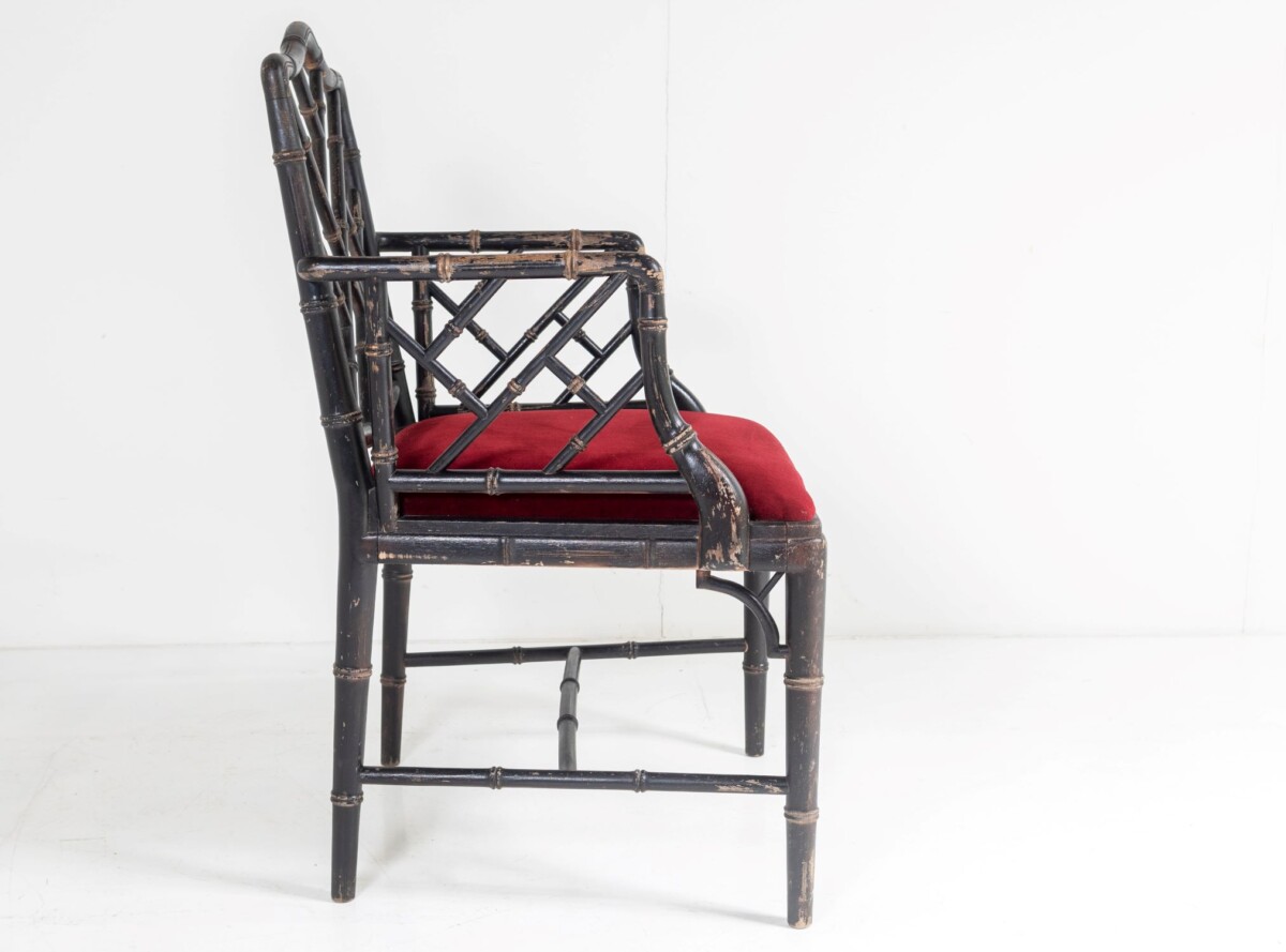 Ebonised Faux Bamboo Chinese Chippendale Style Chair with Red Velvet Seat - Image 2