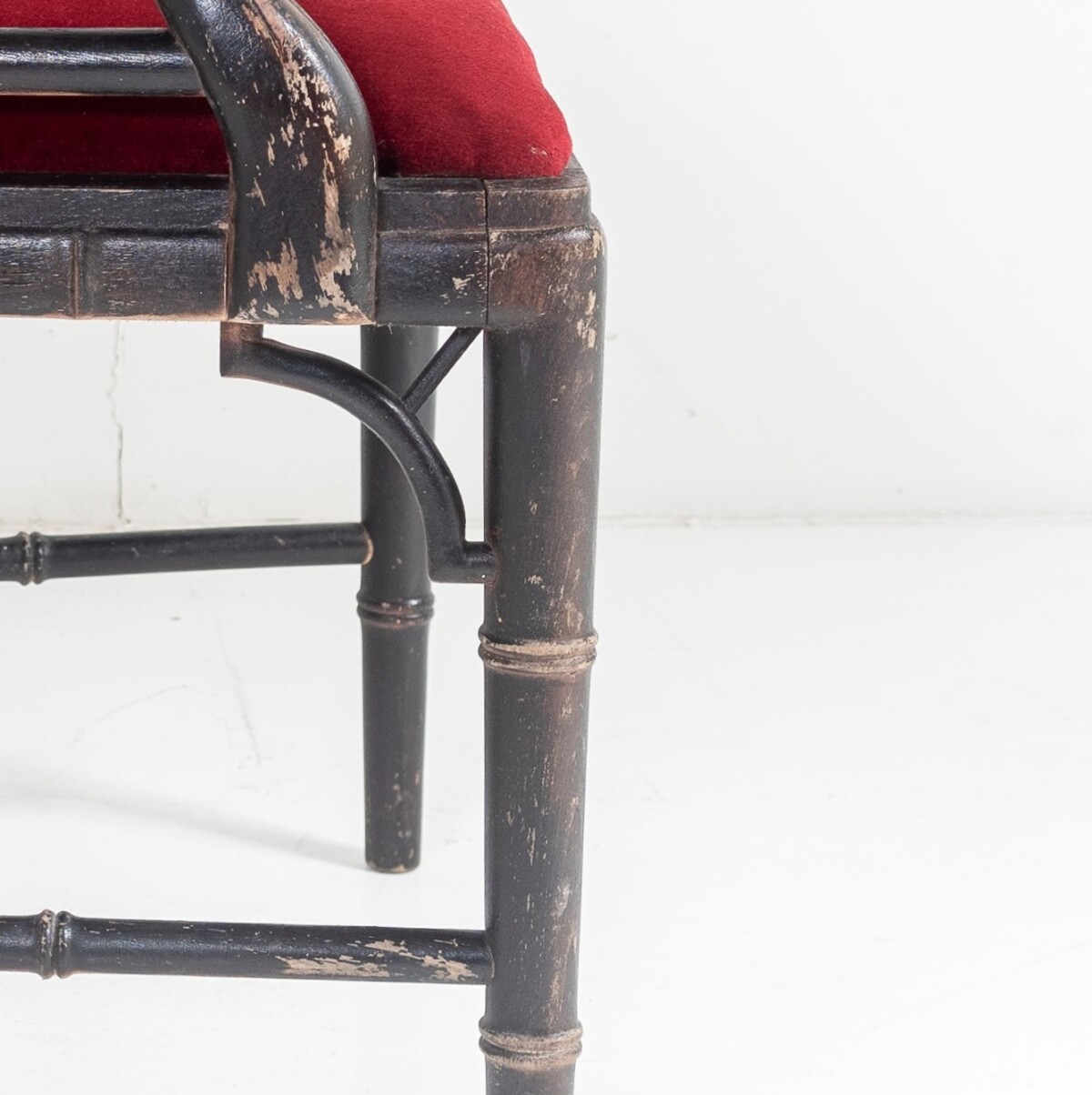 Ebonised Faux Bamboo Chinese Chippendale Style Chair with Red Velvet Seat - Image 12