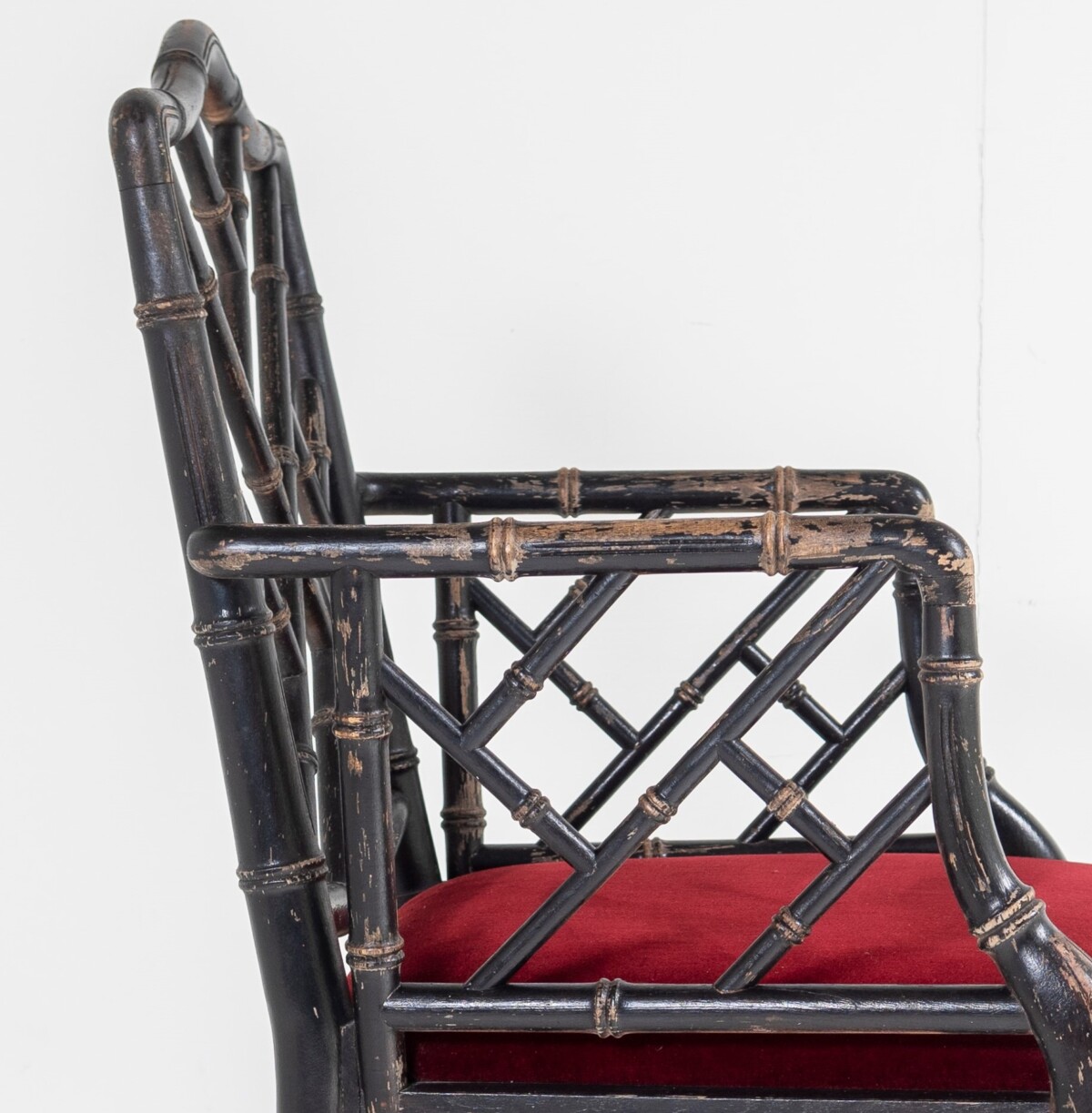 Ebonised Faux Bamboo Chinese Chippendale Style Chair with Red Velvet Seat - Image 11