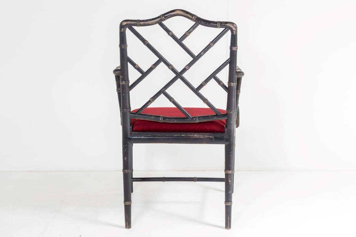 Ebonised Faux Bamboo Chinese Chippendale Style Chair with Red Velvet Seat - Image 10