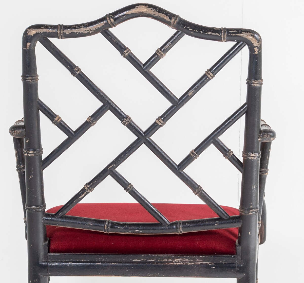 Ebonised Faux Bamboo Chinese Chippendale Style Chair with Red Velvet Seat - Image 9