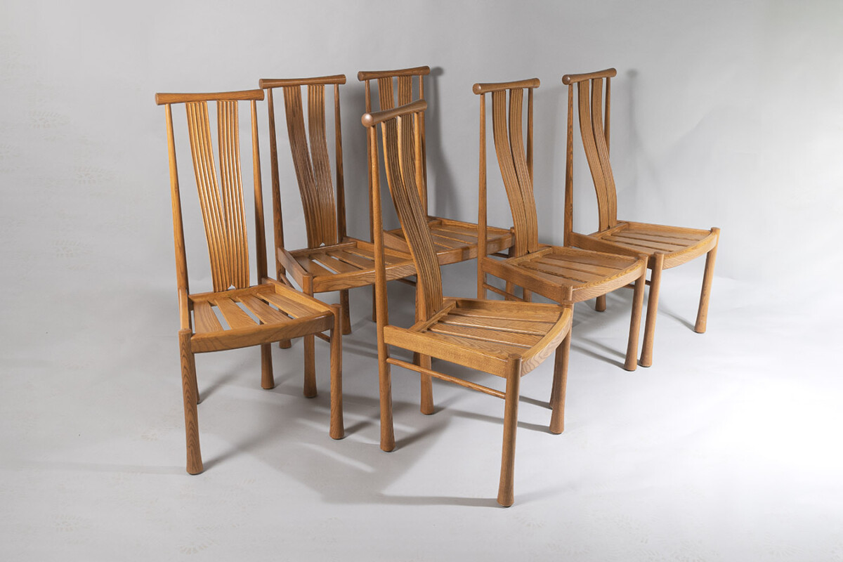 Stylish Set of 6 Modern Ash and Elm High Back Dining Room Chairs By Ercol