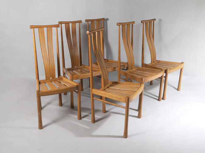 Stylish Set of 6 Modern Ash and Elm High Back Dining Room Chairs By Ercol