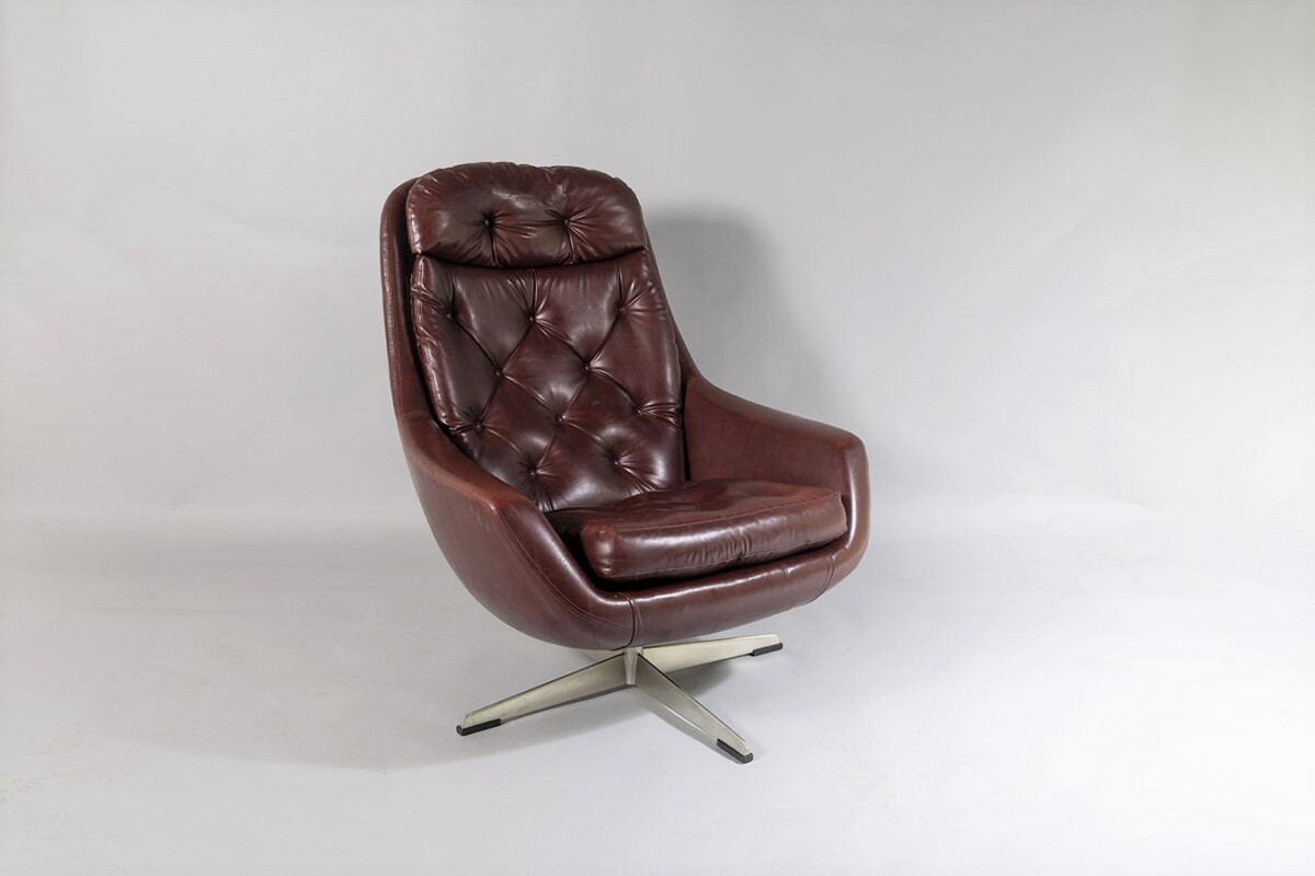 A Mid Century 1960s Swivel Egg Chair in Brown Faux Leather