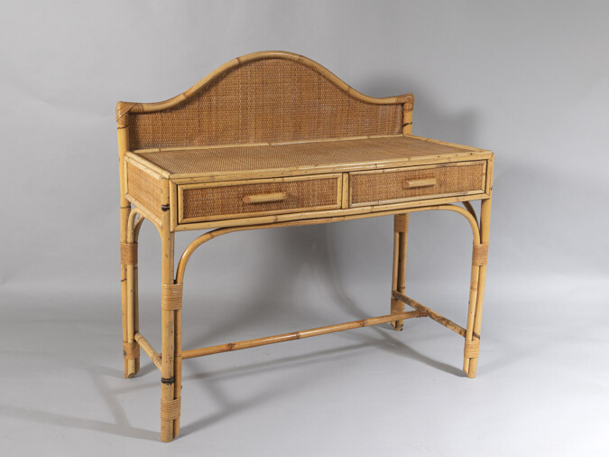 Vintage Mid Century Boho Bamboo Rattan Two Drawer Vanity Dressing Table Desk