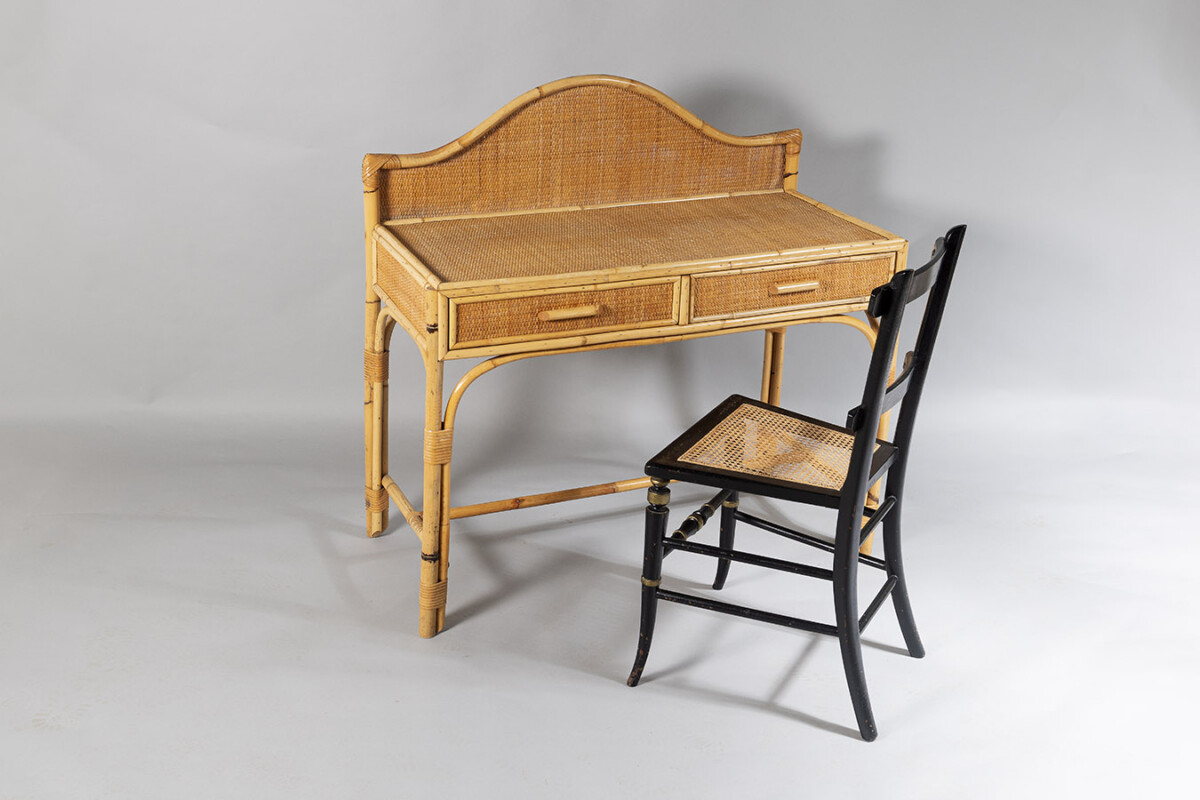 Vintage Mid Century Boho Bamboo Rattan Two Drawer Vanity Dressing Table Desk - Image 4