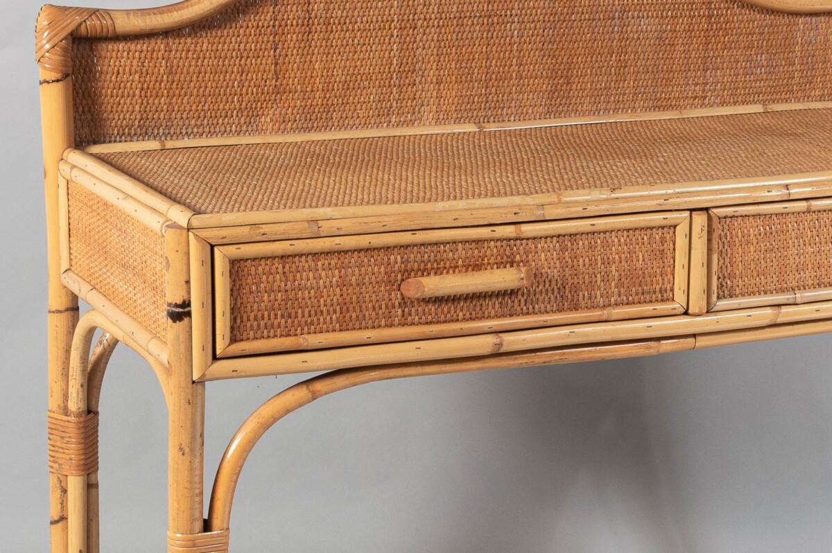 Vintage Mid Century Boho Bamboo Rattan Two Drawer Vanity Dressing Table Desk - Image 3