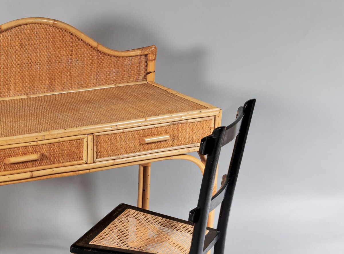 Vintage Mid Century Boho Bamboo Rattan Two Drawer Vanity Dressing Table Desk - Image 2