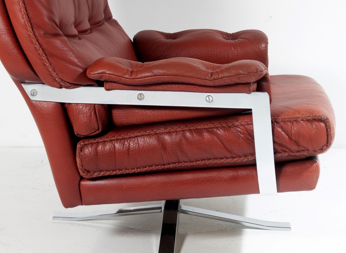 1960s Mid Century Red Brown Leather Chrome Swivel Chair by Arne Norell for Vatne Møbler - Image 9