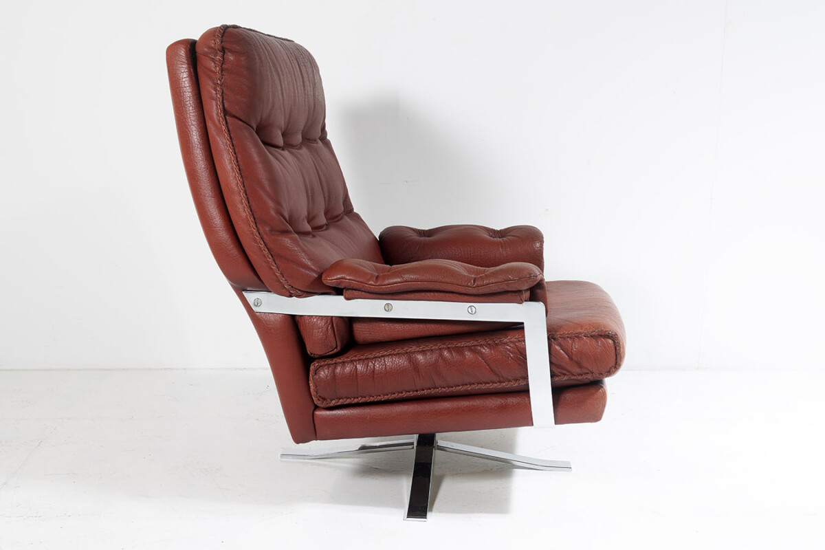 1960s Mid Century Red Brown Leather Chrome Swivel Chair by Arne Norell for Vatne Møbler - Image 6