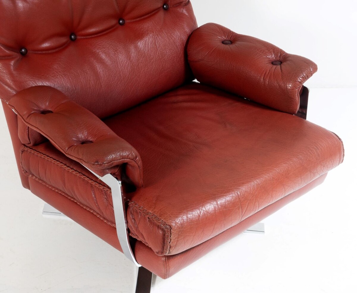 1960s Mid Century Red Brown Leather Chrome Swivel Chair by Arne Norell for Vatne Møbler - Image 14