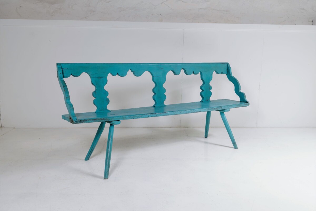 Primitive Rustic 19thC European Bench Seat in original Distressed Blue Paint