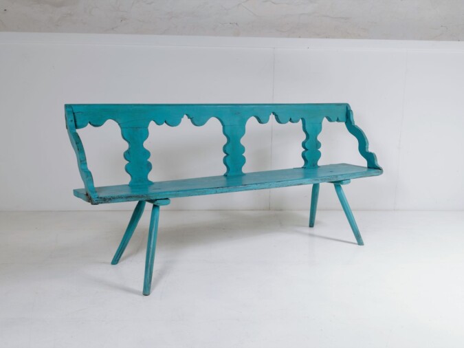 Primitive Rustic 19thC European Bench Seat in original Distressed Blue Paint
