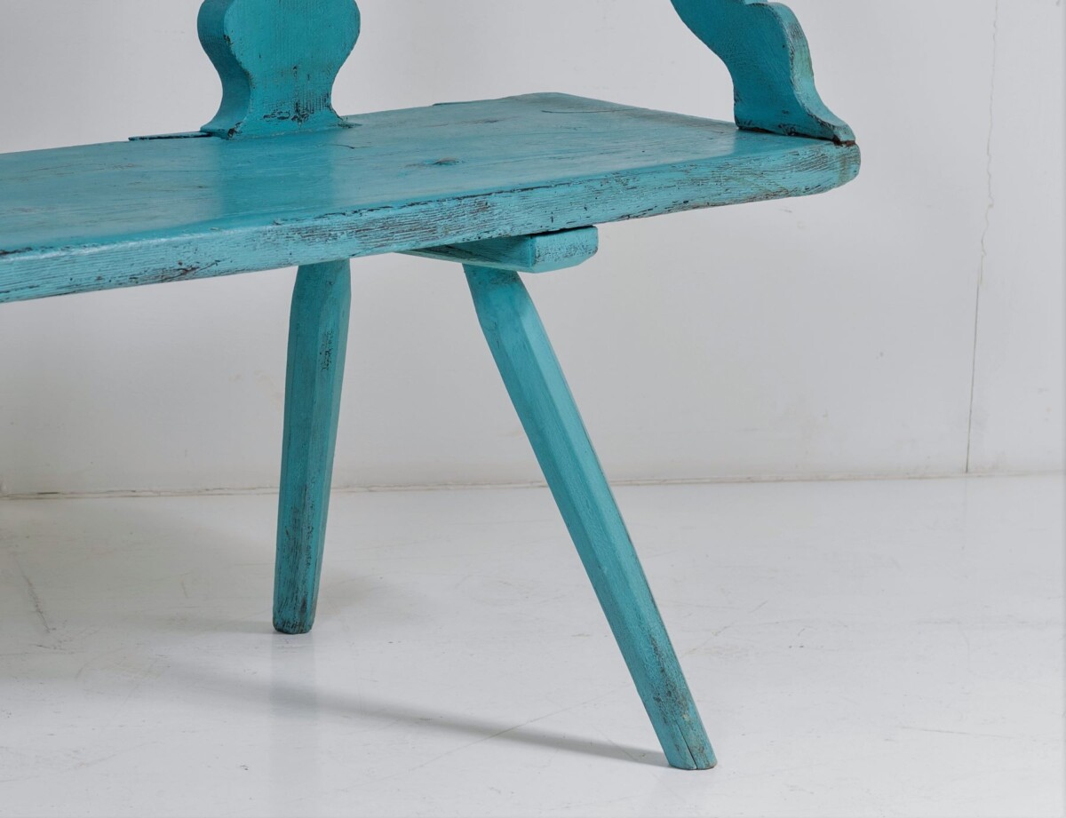 Primitive Rustic 19thC European Bench Seat in original Distressed Blue Paint - Image 11