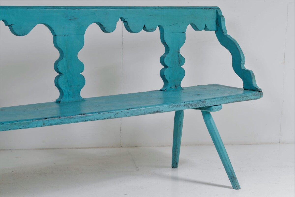 Primitive Rustic 19thC European Bench Seat in original Distressed Blue Paint - Image 8