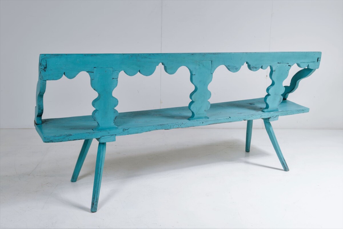Primitive Rustic 19thC European Bench Seat in original Distressed Blue Paint - Image 3