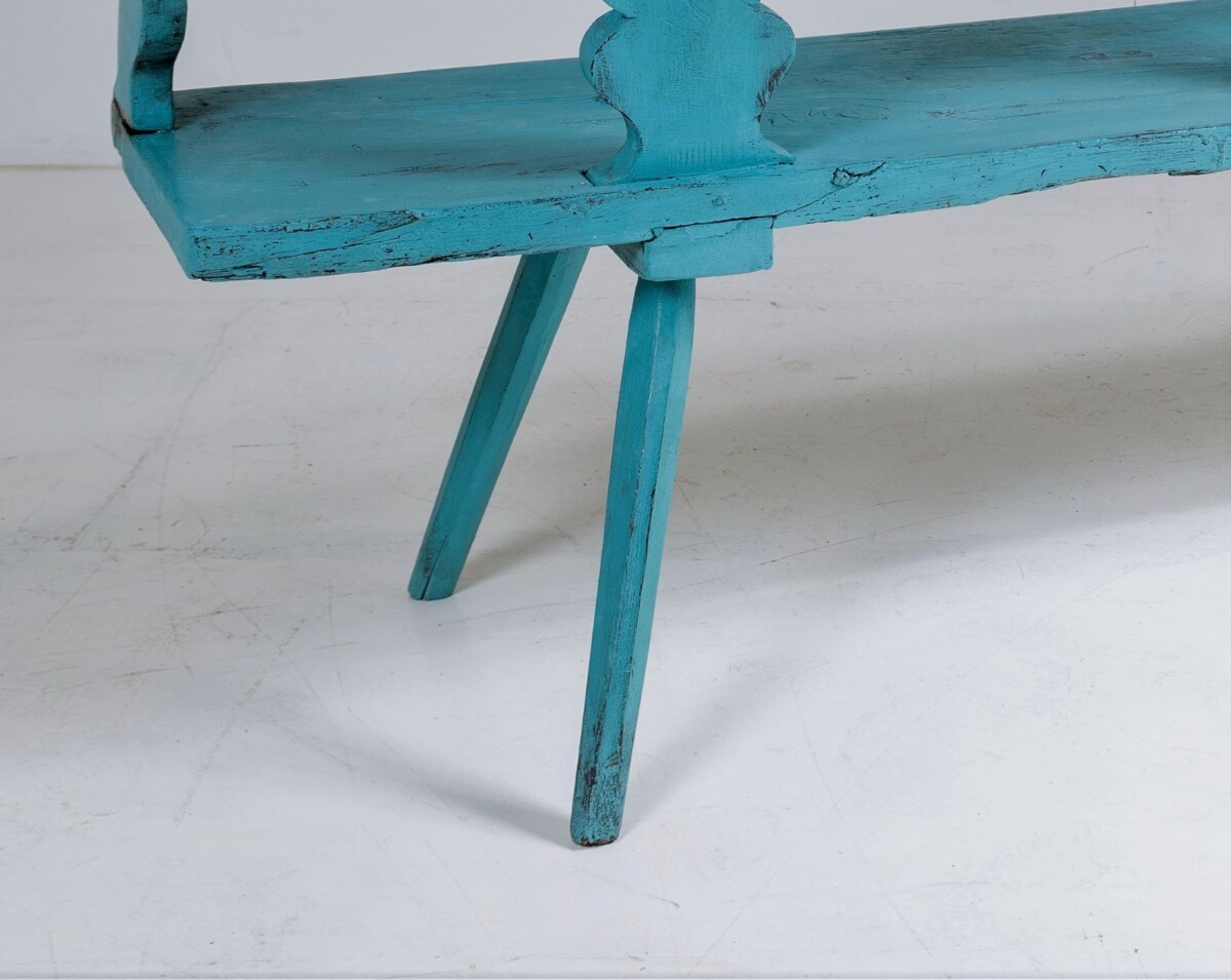 Primitive Rustic 19thC European Bench Seat in original Distressed Blue Paint - Image 7