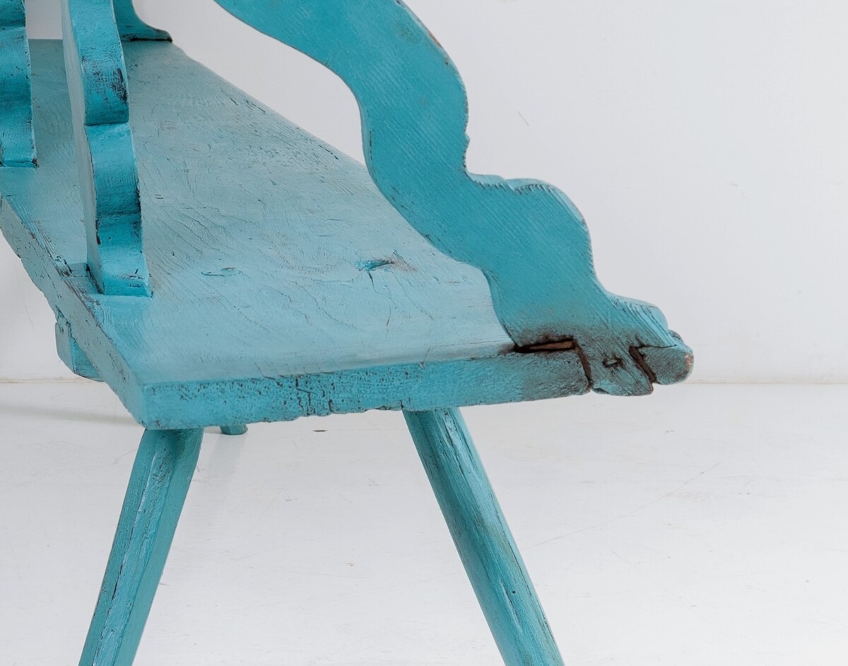 Primitive Rustic 19thC European Bench Seat in original Distressed Blue Paint - Image 10