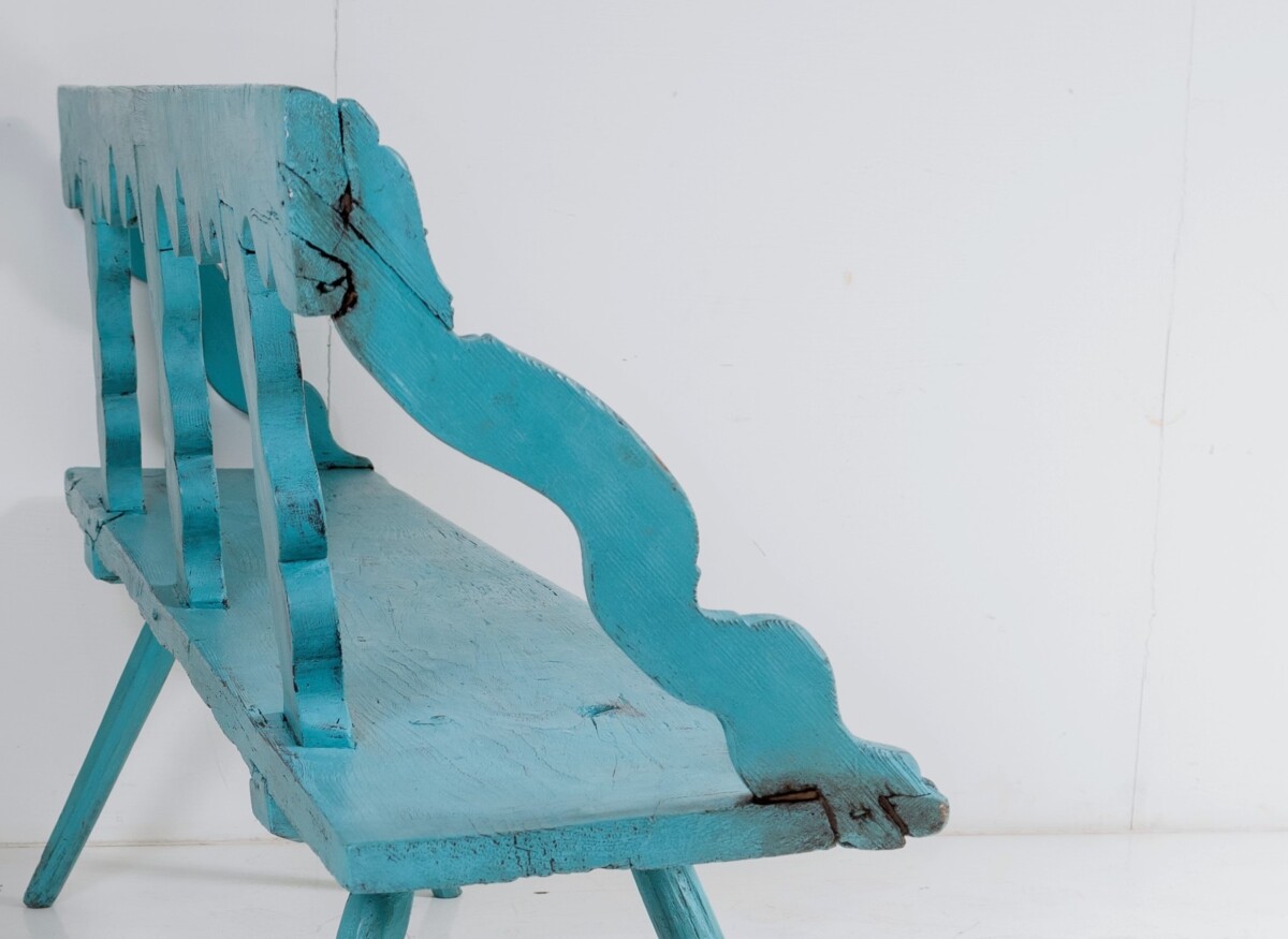 Primitive Rustic 19thC European Bench Seat in original Distressed Blue Paint - Image 5