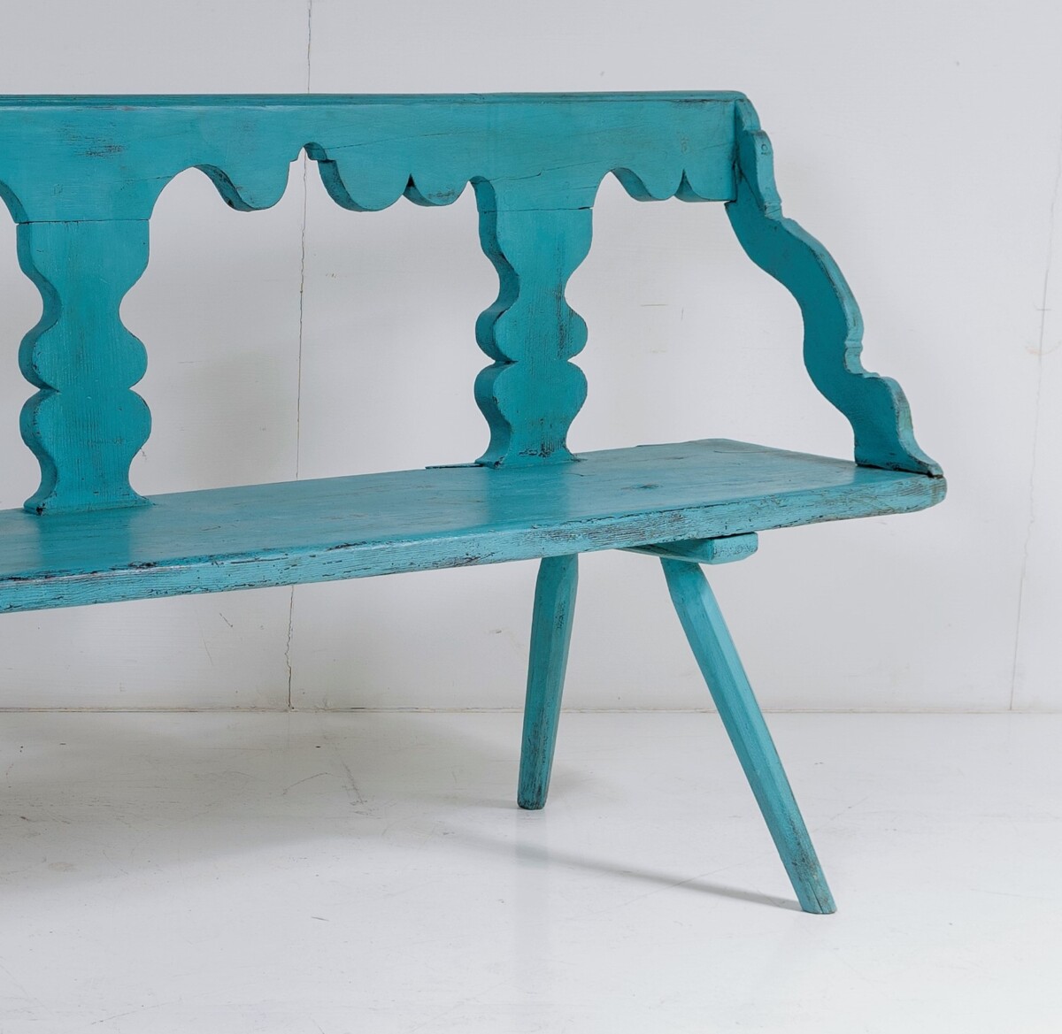 Primitive Rustic 19thC European Bench Seat in original Distressed Blue Paint - Image 2