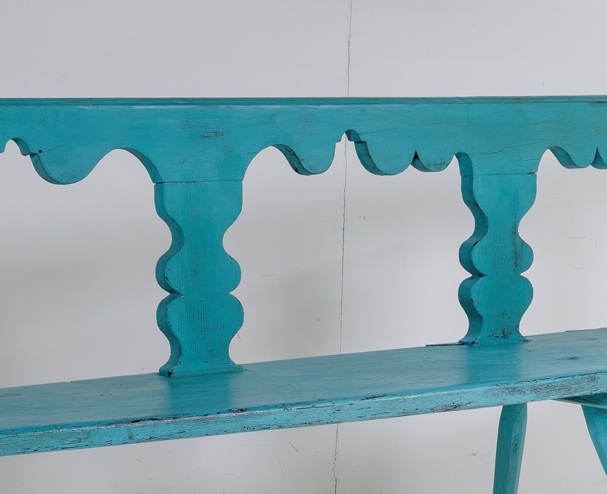 Primitive Rustic 19thC European Bench Seat in original Distressed Blue Paint - Image 13