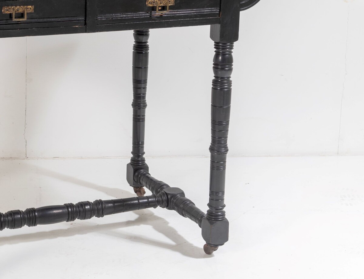 Small 19thC Aesthetic Movement Ebonised Leather Top Writing Desk - Image 10
