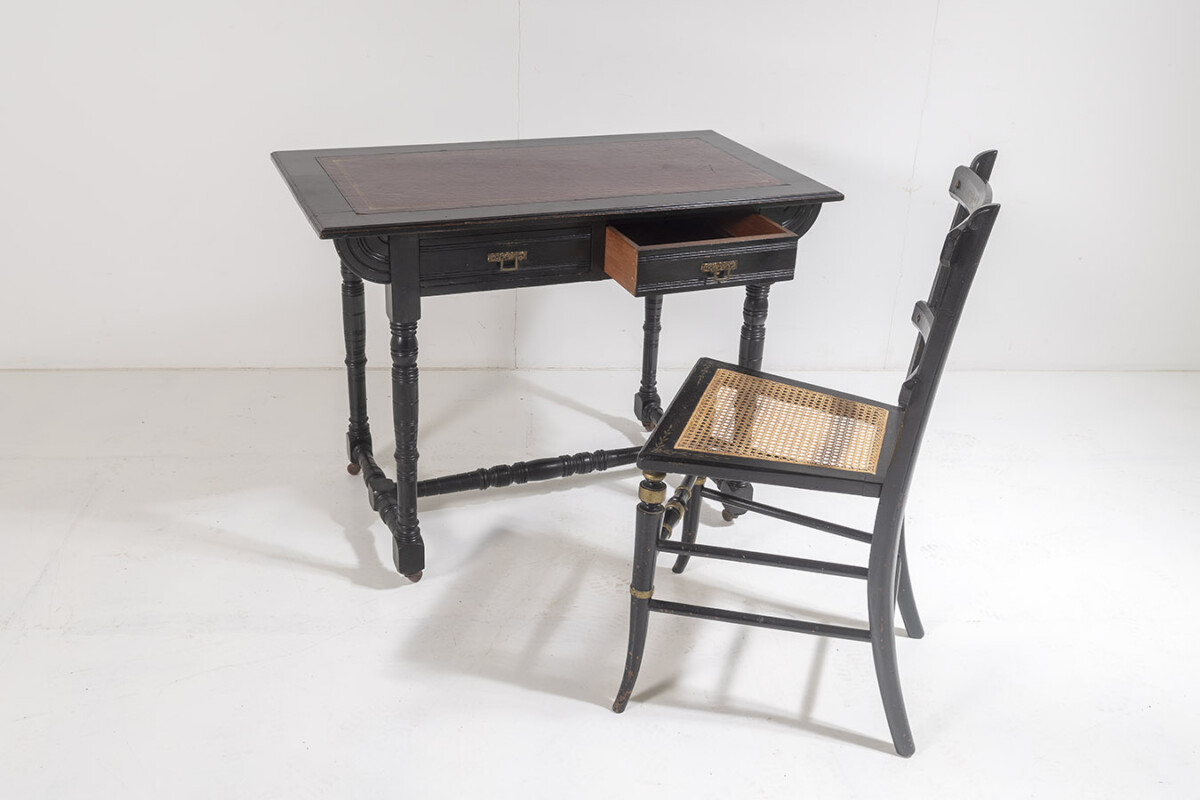 Small 19thC Aesthetic Movement Ebonised Leather Top Writing Desk - Image 6
