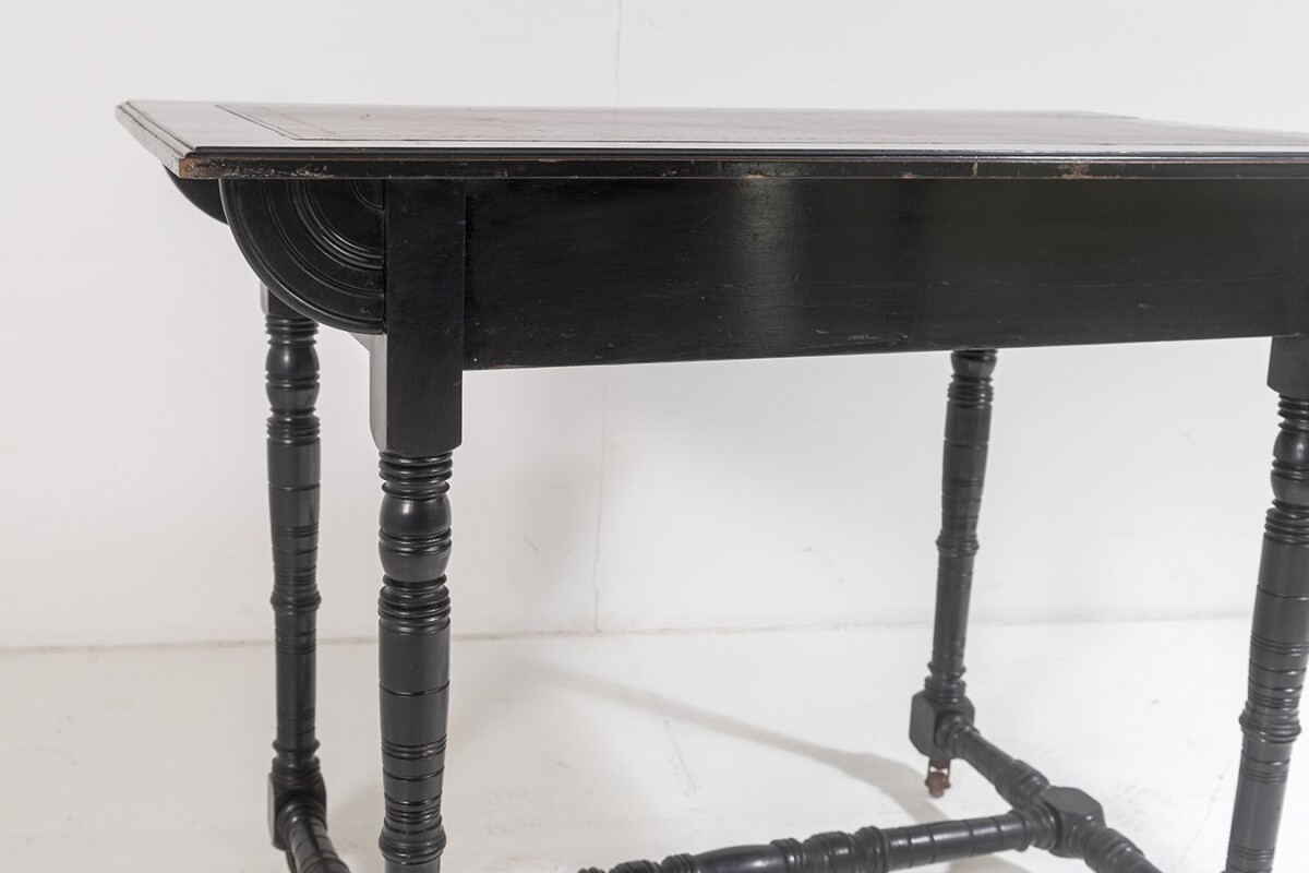 Small 19thC Aesthetic Movement Ebonised Leather Top Writing Desk - Image 8
