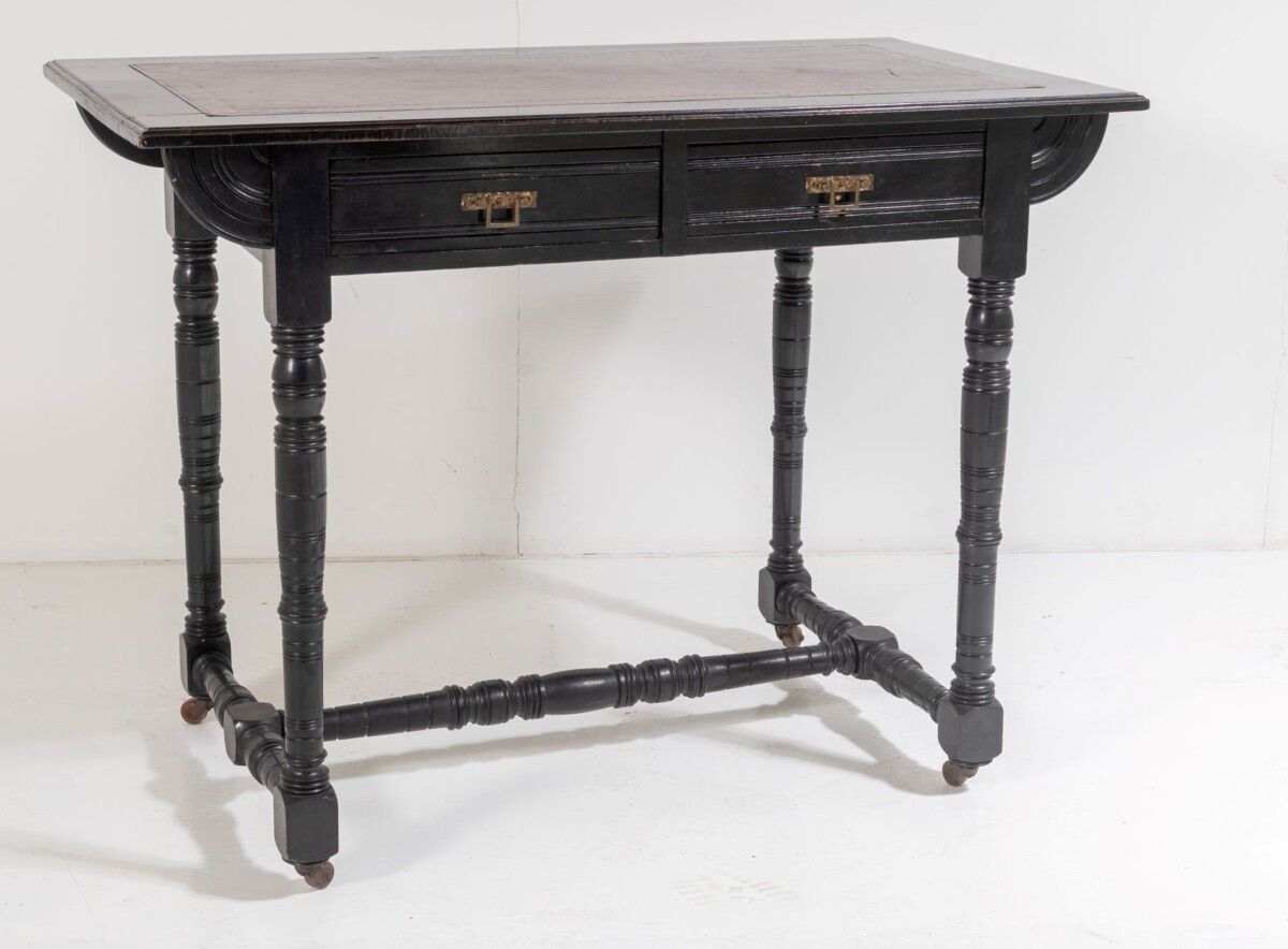 Small 19thC Aesthetic Movement Ebonised Leather Top Writing Desk - Image 15
