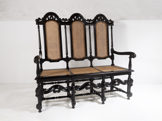 19thC Jacobean Renaissance Carved Oak High Back Cane 3 Seater Hall Bench Settee