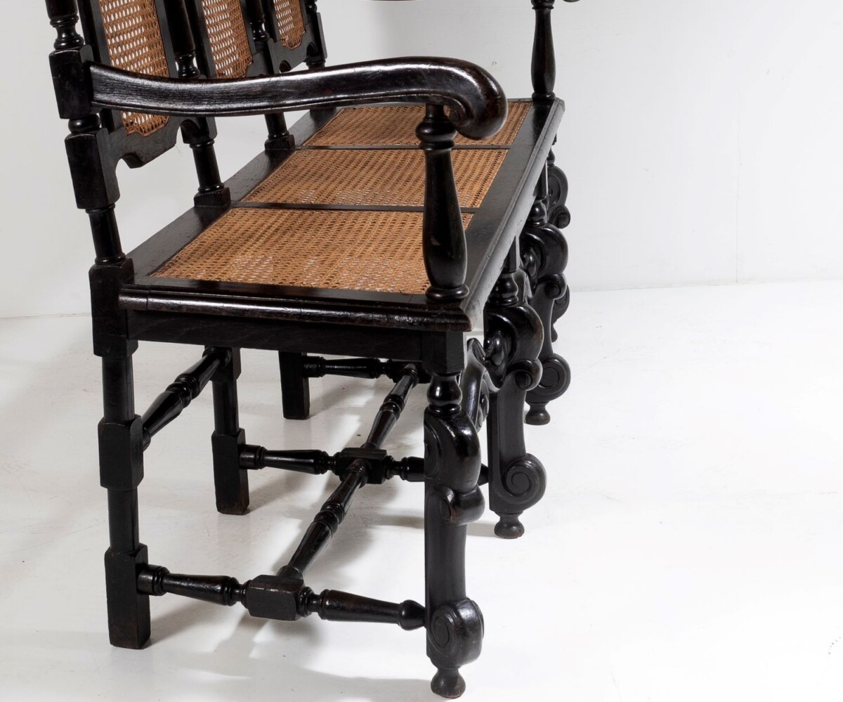 19thC Jacobean Renaissance Carved Oak High Back Cane 3 Seater Hall Bench Settee - Image 13
