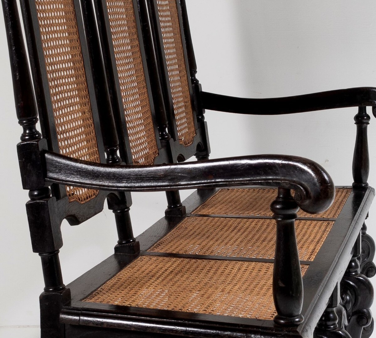19thC Jacobean Renaissance Carved Oak High Back Cane 3 Seater Hall Bench Settee - Image 12