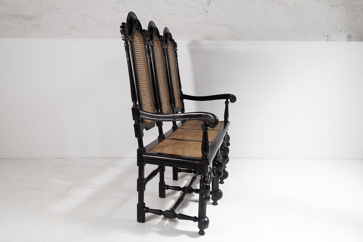 19thC Jacobean Renaissance Carved Oak High Back Cane 3 Seater Hall Bench Settee - Image 8