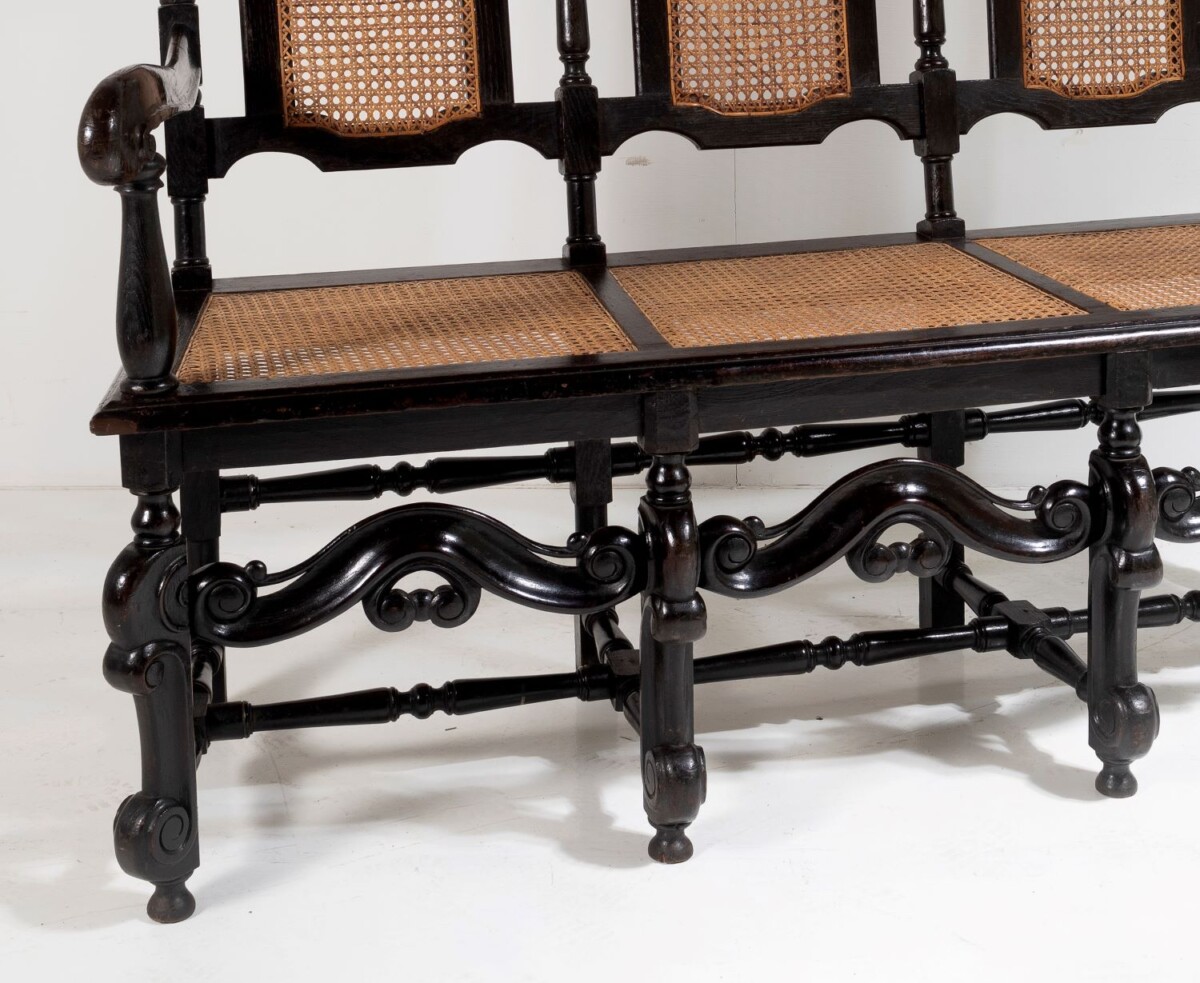 19thC Jacobean Renaissance Carved Oak High Back Cane 3 Seater Hall Bench Settee - Image 6