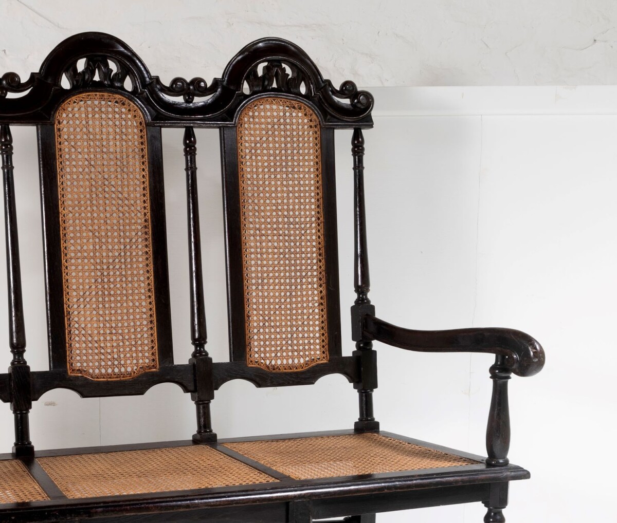 19thC Jacobean Renaissance Carved Oak High Back Cane 3 Seater Hall Bench Settee - Image 4